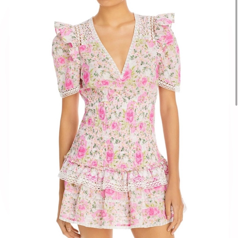 LoveShackFancy Rena Pink Floral Mini Dress Magenta Flower Fields